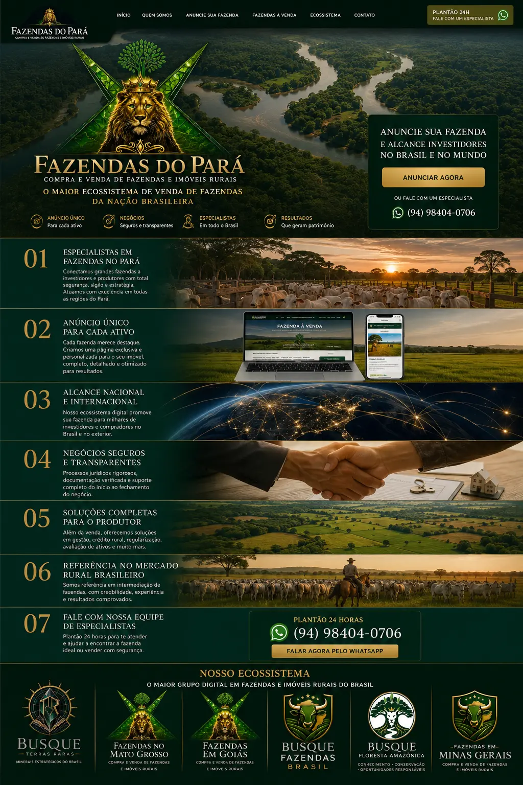 Portal Fazendas do Pará com propriedades rurais e identidade visual verde e dourada